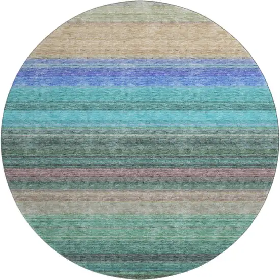 8' Sage Teal And Lavender Striped Washable Round Rug With UV Protection Photo 1