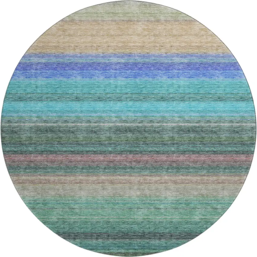 8' Sage Teal And Lavender Striped Washable Round Rug With UV Protection Photo 1