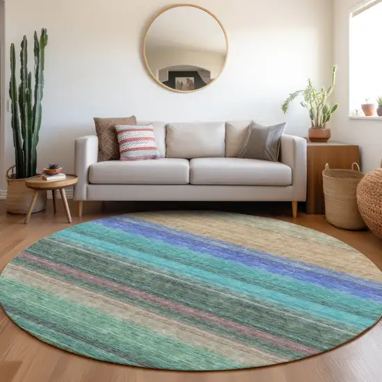 8' Sage Teal And Lavender Striped Washable Round Rug With UV Protection Photo 4
