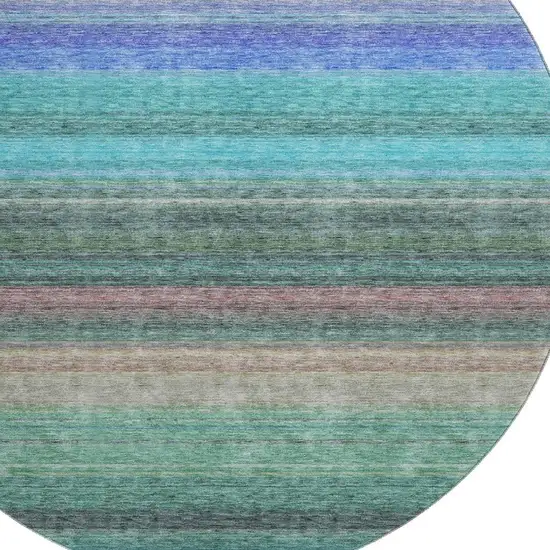 8' Sage Teal And Lavender Striped Washable Round Rug With UV Protection Photo 2