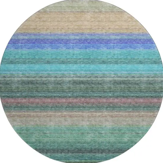8' Sage Teal And Lavender Striped Washable Round Rug With UV Protection Photo 3