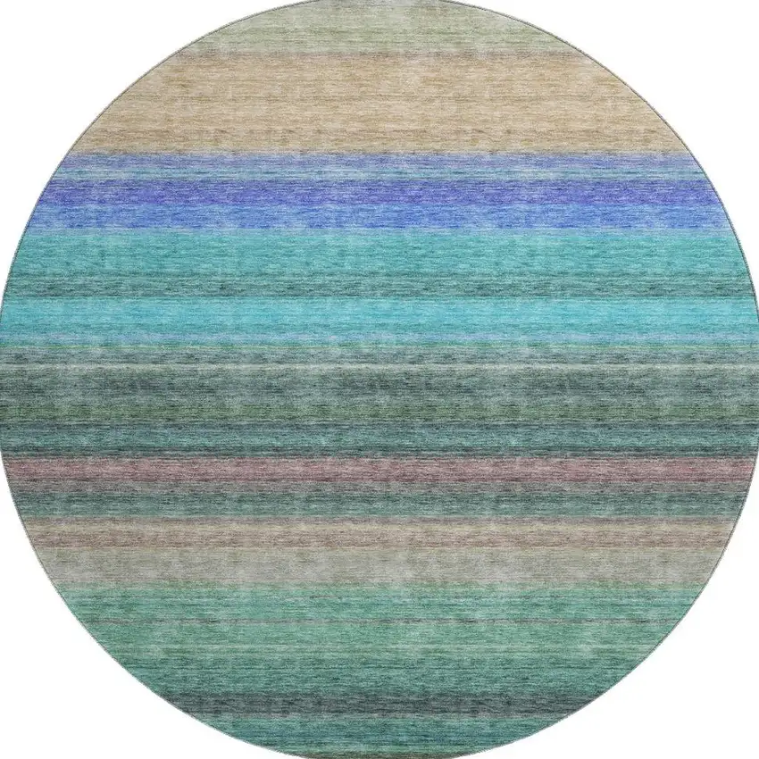 8' Sage Teal And Lavender Striped Washable Round Rug With UV Protection Photo 3