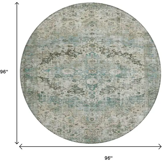 8' Sage Teal Blue And Beige Round Floral Washable Indoor Outdoor Area Rug Photo 9
