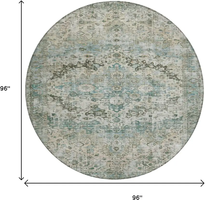 8' Sage Teal Blue And Beige Round Floral Washable Indoor Outdoor Area Rug Photo 9