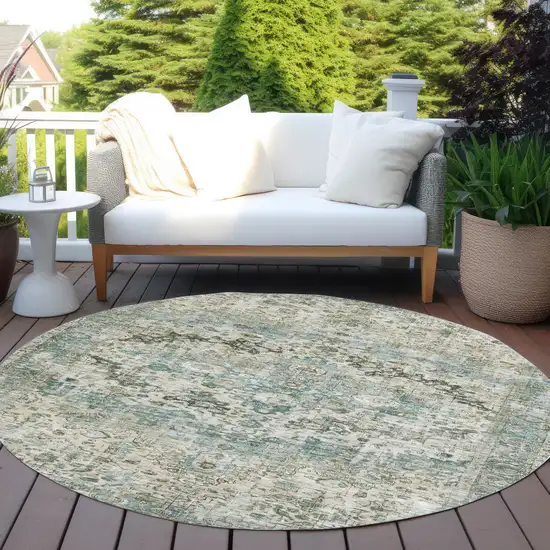 8' Sage Teal Blue And Beige Round Floral Washable Indoor Outdoor Area Rug Photo 5