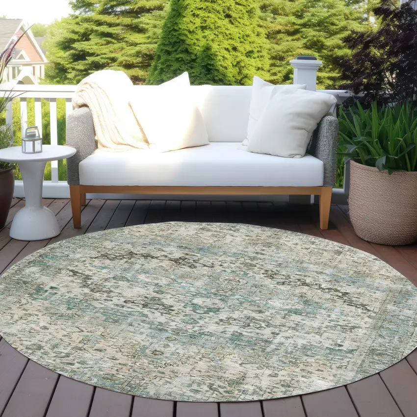 8' Sage Teal Blue And Beige Round Floral Washable Indoor Outdoor Area Rug Photo 5