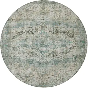 Photo of 8' Sage Teal Blue And Beige Round Floral Washable Indoor Outdoor Area Rug