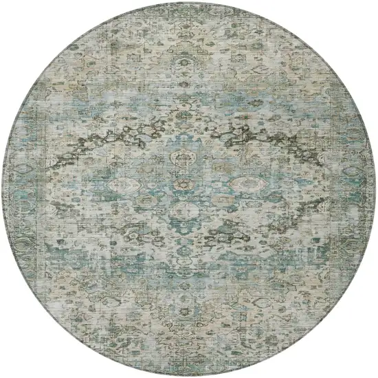 8' Sage Teal Blue And Beige Round Floral Washable Indoor Outdoor Area Rug Photo 3