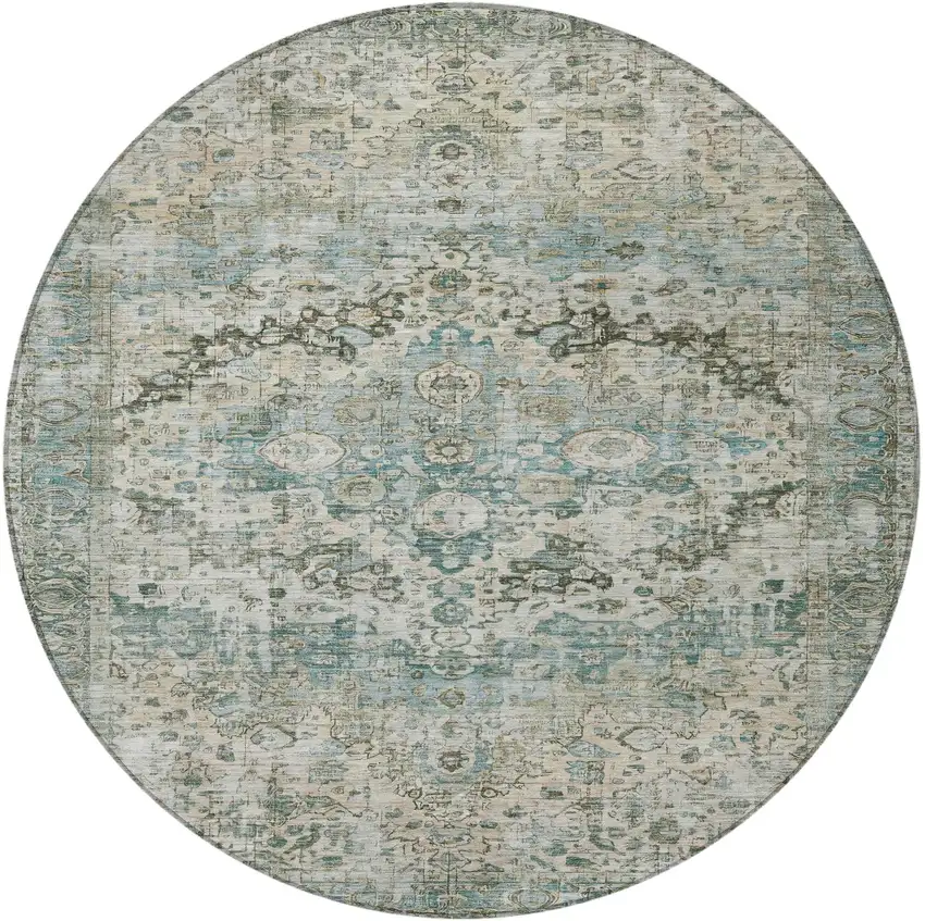8' Sage Teal Blue And Beige Round Floral Washable Indoor Outdoor Area Rug Photo 3