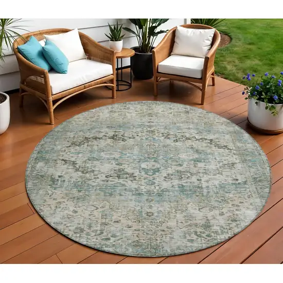 8' Sage Teal Blue And Beige Round Floral Washable Indoor Outdoor Area Rug Photo 2