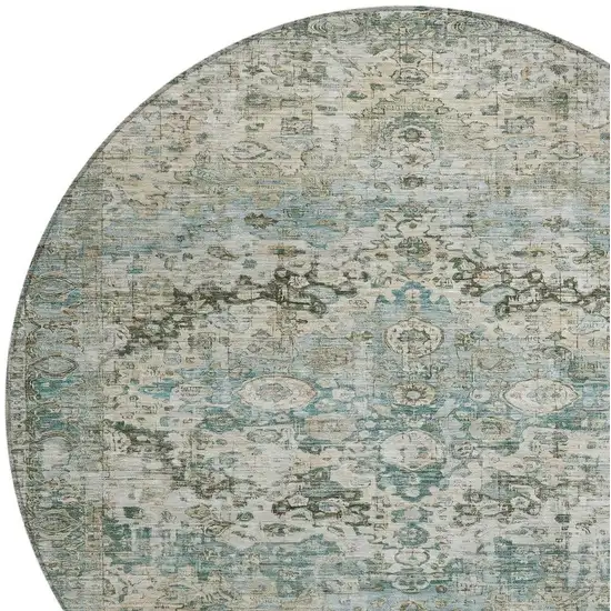 8' Sage Teal Blue And Beige Round Floral Washable Indoor Outdoor Area Rug Photo 4