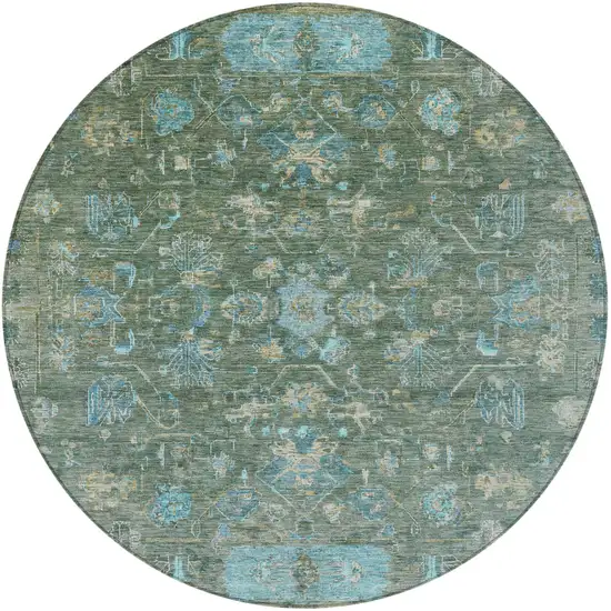 8' Sage Teal Blue And Beige Round Tribal Washable Indoor Outdoor Area Rug Photo 5