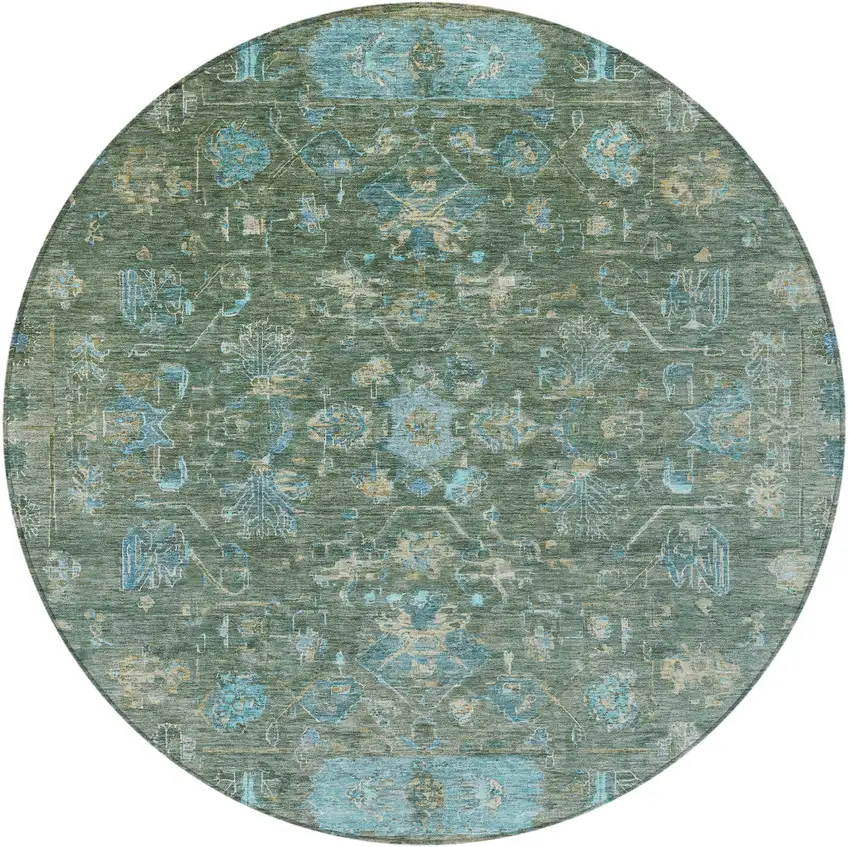 8' Sage Teal Blue And Beige Round Tribal Washable Indoor Outdoor Area Rug Photo 5