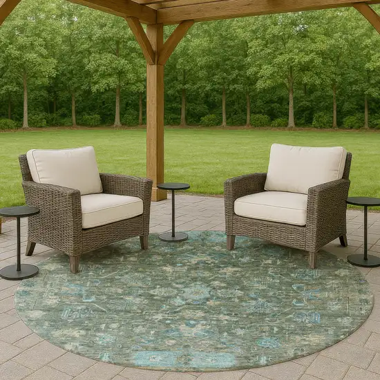 8' Sage Teal Blue And Beige Round Tribal Washable Indoor Outdoor Area Rug Photo 9