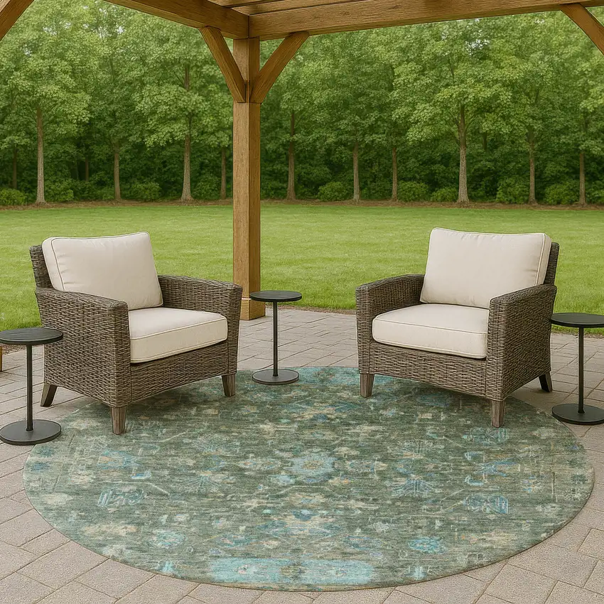8' Sage Teal Blue And Beige Round Tribal Washable Indoor Outdoor Area Rug Photo 9