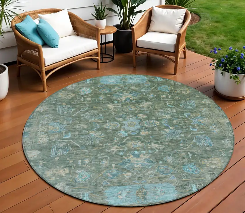 8' Sage Teal Blue And Beige Round Tribal Washable Indoor Outdoor Area Rug Photo 1