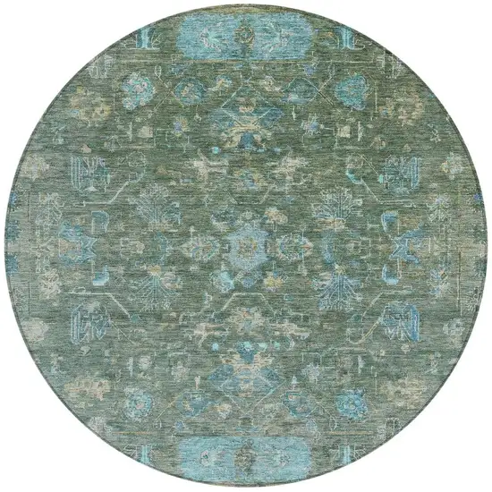 8' Sage Teal Blue And Beige Round Tribal Washable Indoor Outdoor Area Rug Photo 3