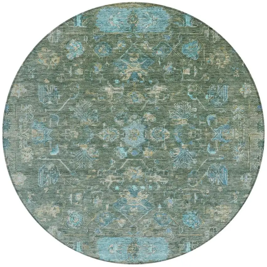 8' Sage Teal Blue And Beige Round Tribal Washable Indoor Outdoor Area Rug Photo 3