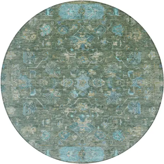 8' Sage Teal Blue And Beige Round Tribal Washable Indoor Outdoor Area Rug Photo 2