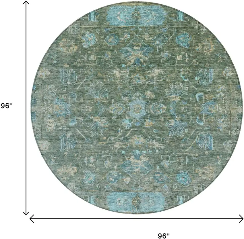 8' Sage Teal Blue And Beige Round Tribal Washable Indoor Outdoor Area Rug Photo 4