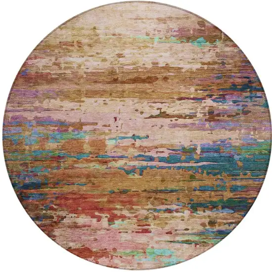 8' Sage Teal Blue And Blush Round Abstract Washable Indoor Outdoor Area Rug Photo 3