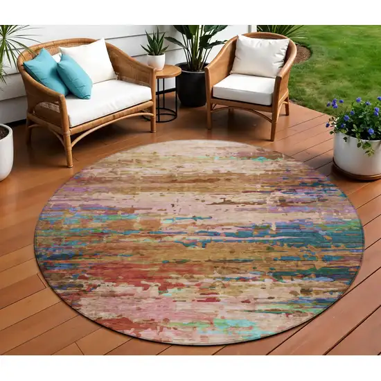 8' Sage Teal Blue And Blush Round Abstract Washable Indoor Outdoor Area Rug Photo 2