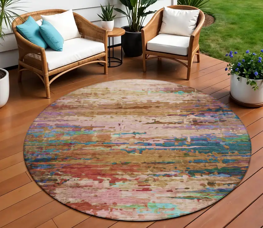 8' Sage Teal Blue And Blush Round Abstract Washable Indoor Outdoor Area Rug Photo 2
