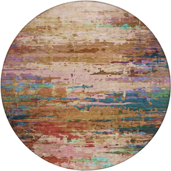8' Sage Teal Blue And Blush Round Abstract Washable Indoor Outdoor Area Rug Photo 1