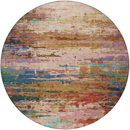 8' Sage Teal Blue And Blush Round Abstract Washable Indoor Outdoor Area Rug Photo 4
