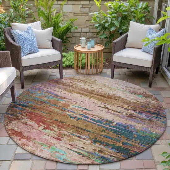 8' Sage Teal Blue And Blush Round Abstract Washable Indoor Outdoor Area Rug Photo 6
