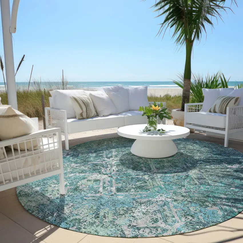 8' Sage Teal Blue And Gray Round Geometric Washable Indoor Outdoor Area Rug Photo 6