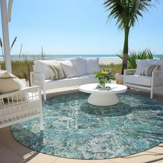 8' Sage Teal Blue And Gray Round Geometric Washable Indoor Outdoor Area Rug Photo 6