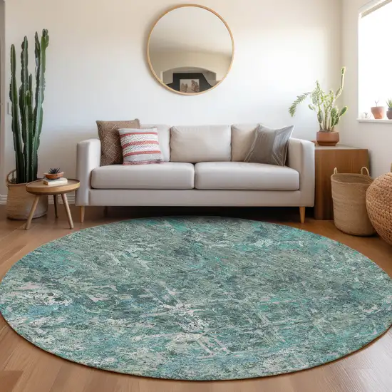 8' Sage Teal Blue And Gray Round Geometric Washable Indoor Outdoor Area Rug Photo 7