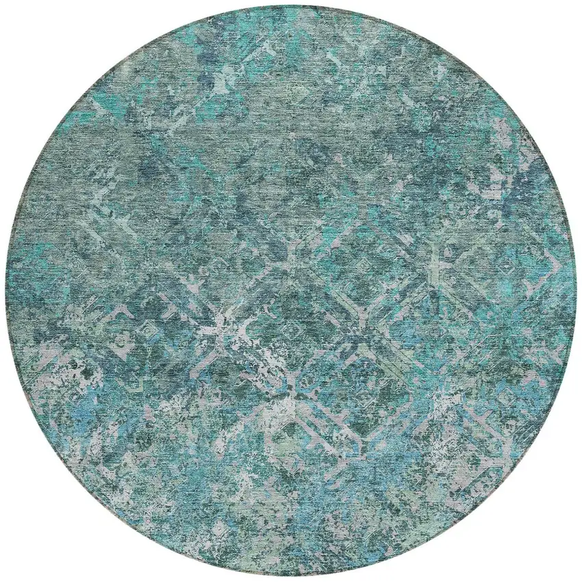 8' Sage Teal Blue And Gray Round Geometric Washable Indoor Outdoor Area Rug Photo 5