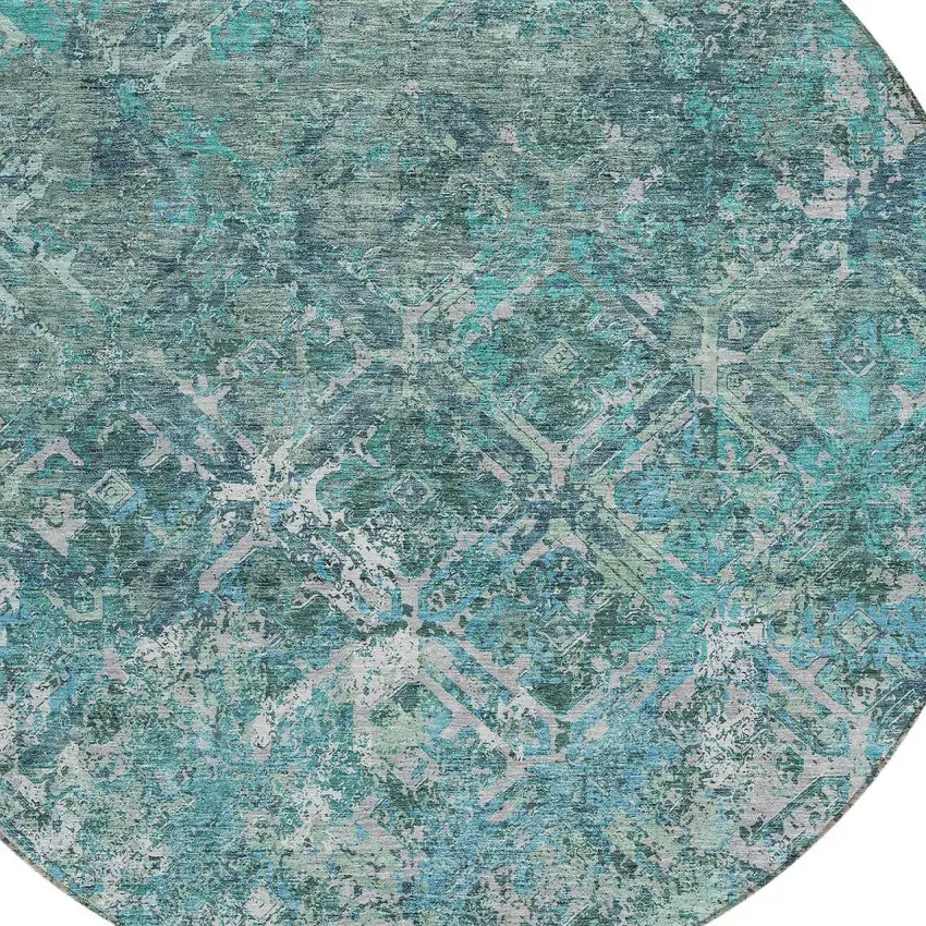 8' Sage Teal Blue And Gray Round Geometric Washable Indoor Outdoor Area Rug Photo 4
