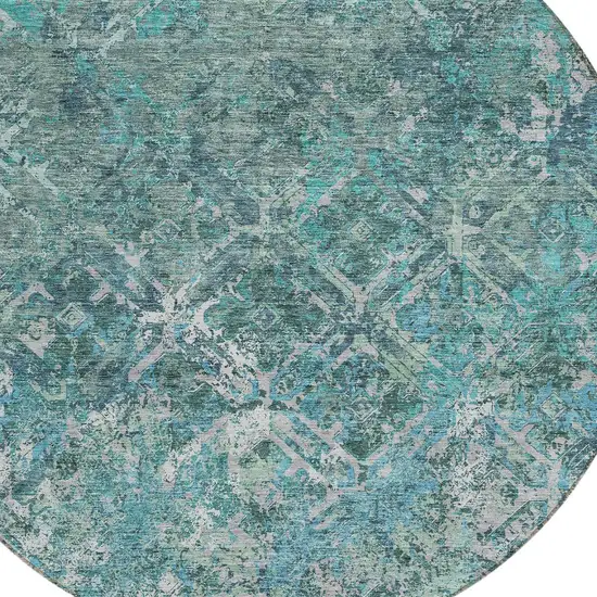 8' Sage Teal Blue And Gray Round Geometric Washable Indoor Outdoor Area Rug Photo 4