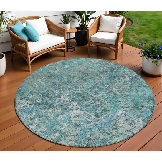 8' Sage Teal Blue And Gray Round Geometric Washable Indoor Outdoor Area Rug Photo 1