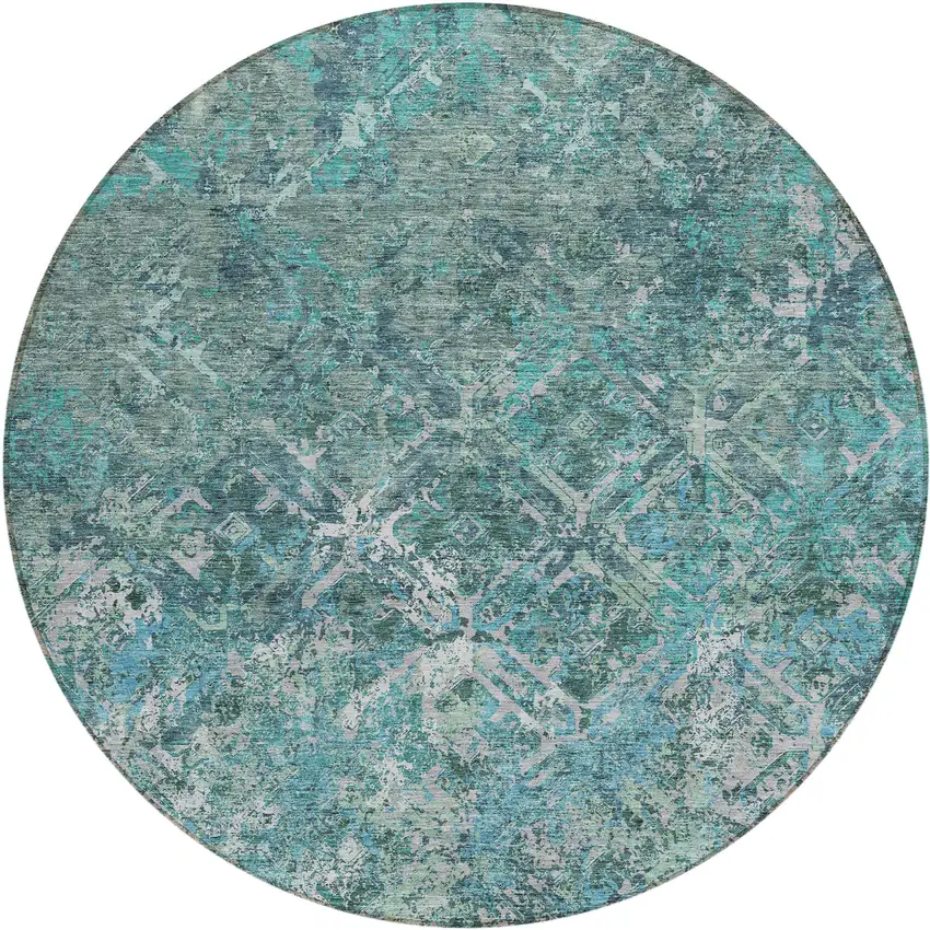 8' Sage Teal Blue And Gray Round Geometric Washable Indoor Outdoor Area Rug Photo 2