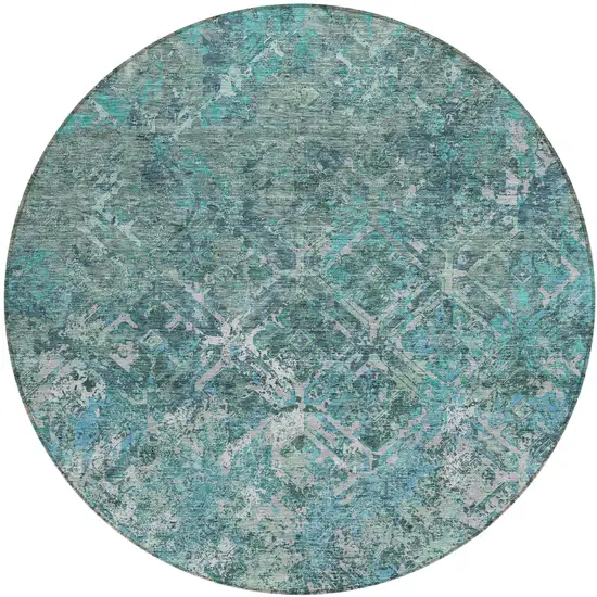 8' Sage Teal Blue And Gray Round Geometric Washable Indoor Outdoor Area Rug Photo 2