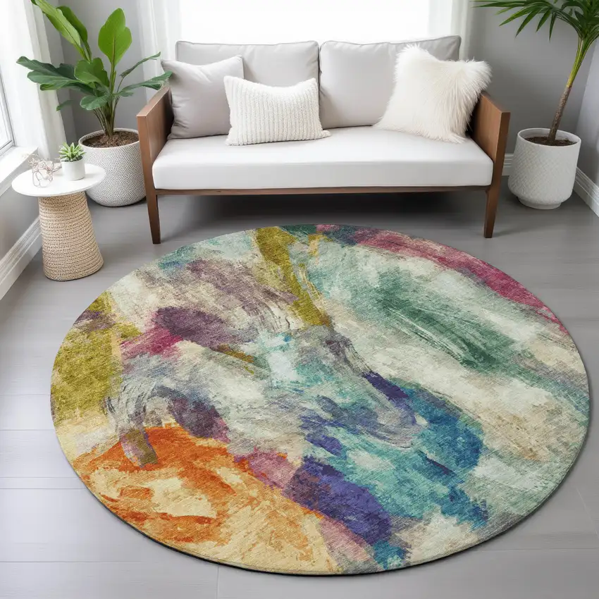 8' Sage Teal Blue Orange Blush And Gold Round Abstract Washable Indoor Outdoor Area Rug Photo 9