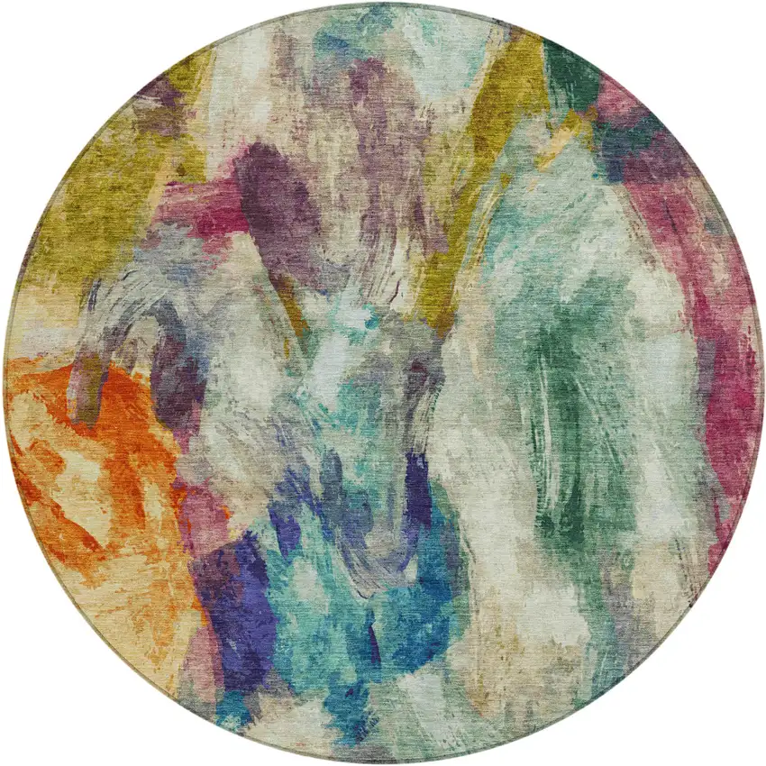 8' Sage Teal Blue Orange Blush And Gold Round Abstract Washable Indoor Outdoor Area Rug Photo 1