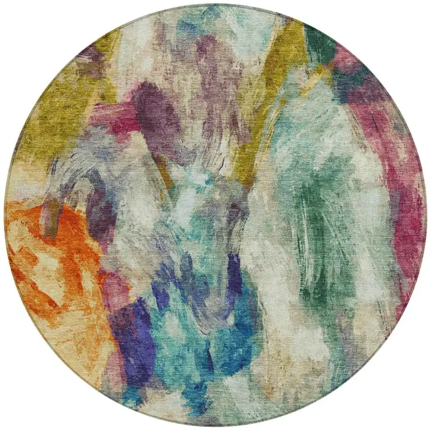 8' Sage Teal Blue Orange Blush And Gold Round Abstract Washable Indoor Outdoor Area Rug Photo 4