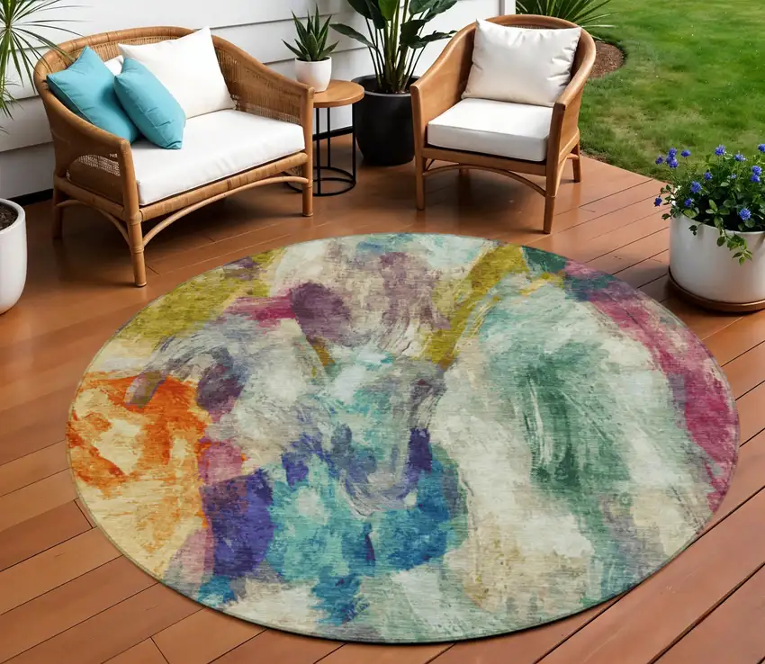 8' Sage Teal Blue Orange Blush And Gold Round Abstract Washable Indoor Outdoor Area Rug Photo 2