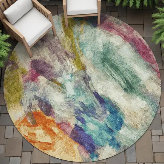 8' Sage Teal Blue Orange Blush And Gold Round Abstract Washable Indoor Outdoor Area Rug Photo 8