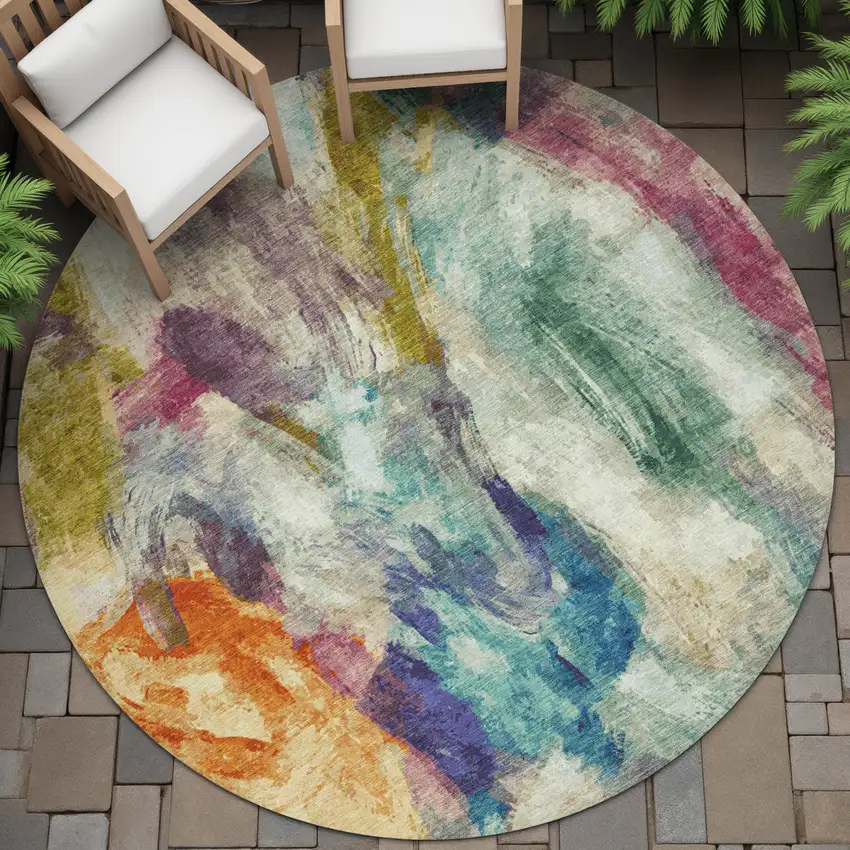8' Sage Teal Blue Orange Blush And Gold Round Abstract Washable Indoor Outdoor Area Rug Photo 8