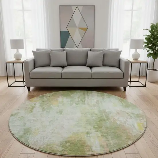 8' Sage Wheat And Ivory Abstract Washable Round Rug With UV Protection Photo 2
