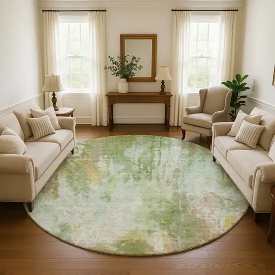 8' Sage Wheat And Ivory Abstract Washable Round Rug With UV Protection Photo 4