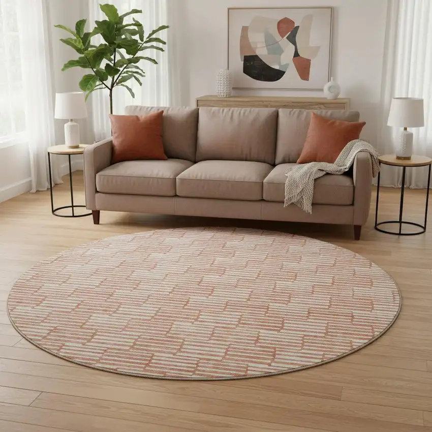 8' Salmon And Beige Abstract Geometric Washable Round Rug With UV Protection Photo 2