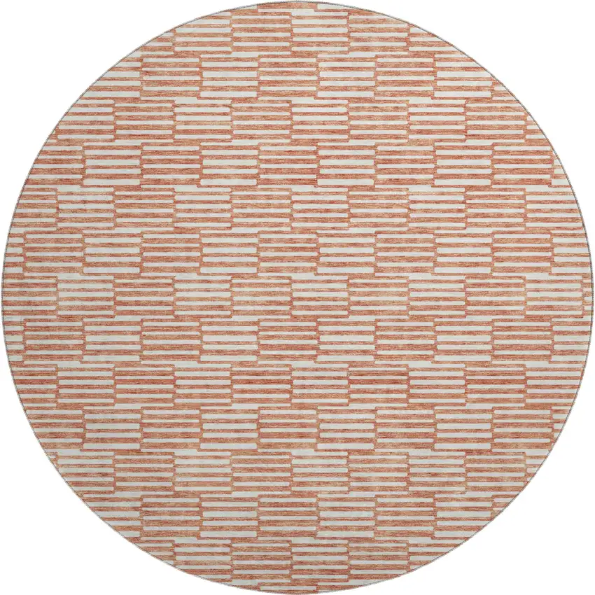 8' Salmon And Beige Abstract Geometric Washable Round Rug With UV Protection Photo 1