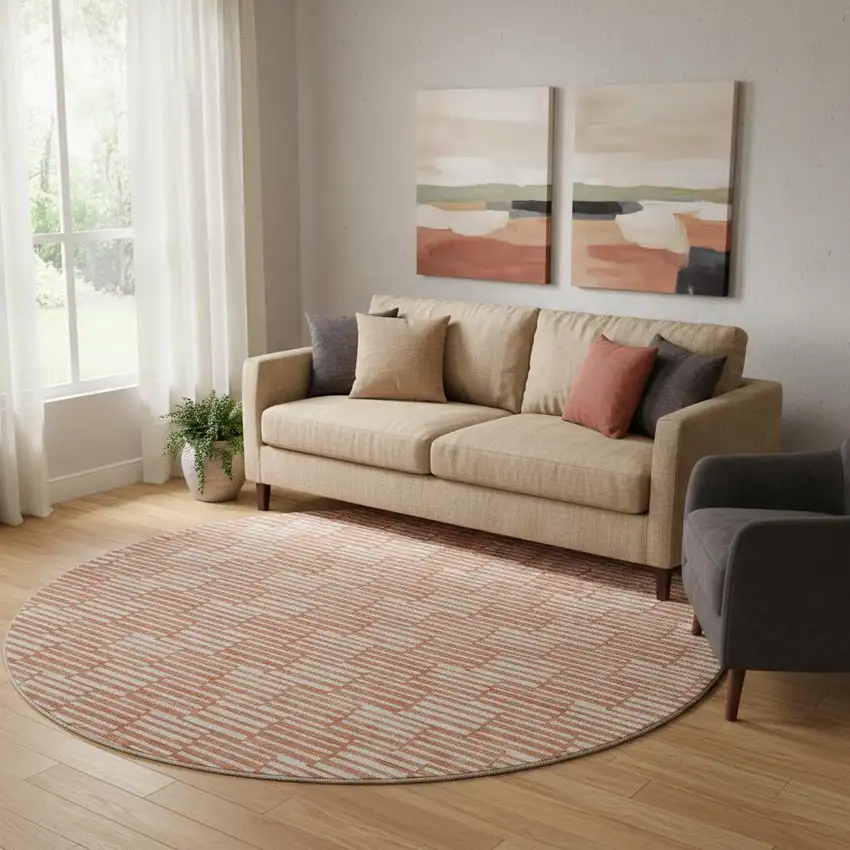 8' Salmon And Beige Abstract Geometric Washable Round Rug With UV Protection Photo 1